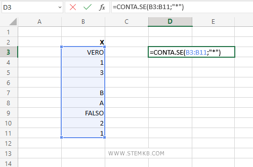 digita =CONTA.SE(B3:B11;"*")