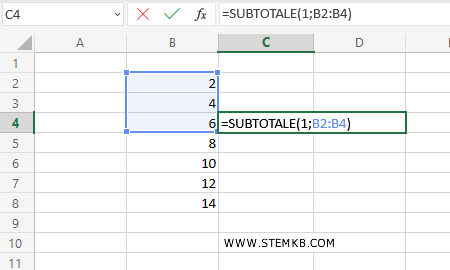 digita =SUBTOTALE(1;B2:B4)