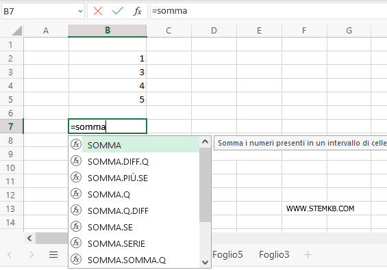 seleziona la funzione SOMMA