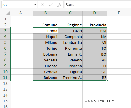 l'intervallo B3:D11