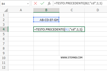 digita =TESTO.PRECEDENTE(B2;"cd";1;1)
