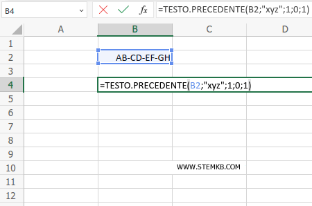 digita =TESTO.PRECEDENTE(B2;"xyz";1;0;1)